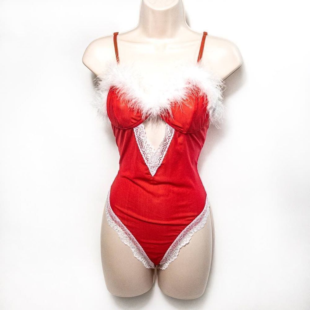 SHEIN Christmas Feather Trim Cut-Out Teddy Sz M Lingerie